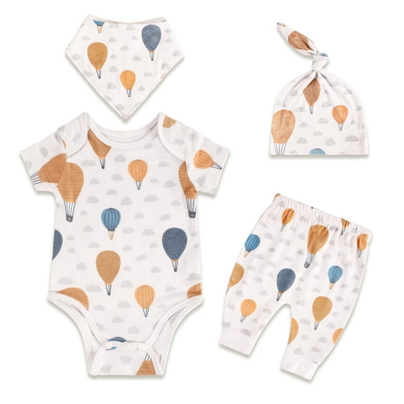Unisex Baby Layette Set (4-Pcs) - Bodysuit, Pant,Bibs & Hat - Newborn Essentials