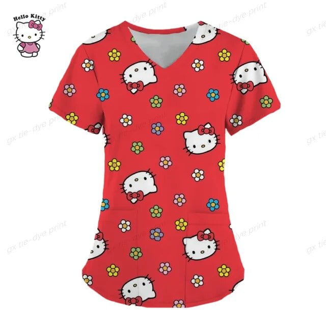Summer cartoon T-shirts Pocket Tops Uniform Hello Kitty V Neck Woman ...