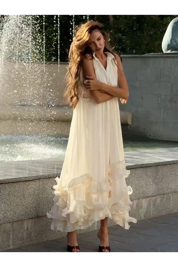 Summer casual and elegant simple sleeveless ruffle V-neck dress for women
