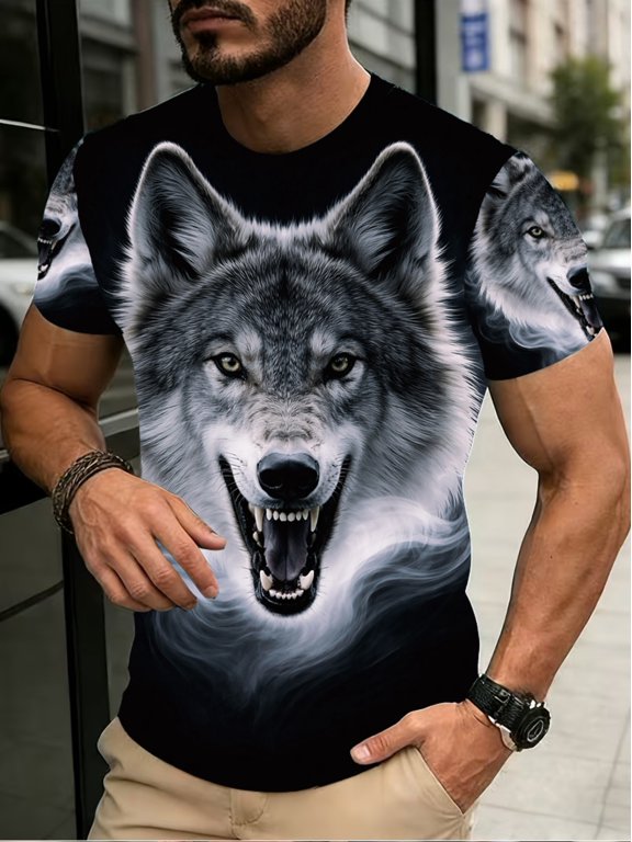 Summer casual men's 3D short-sleeve round-neck T-shirt, wolf pattern design, breathable fabric, soft and comfortable, Father's Day gift - boyfriend gift - fashionable summer outdoor activity top