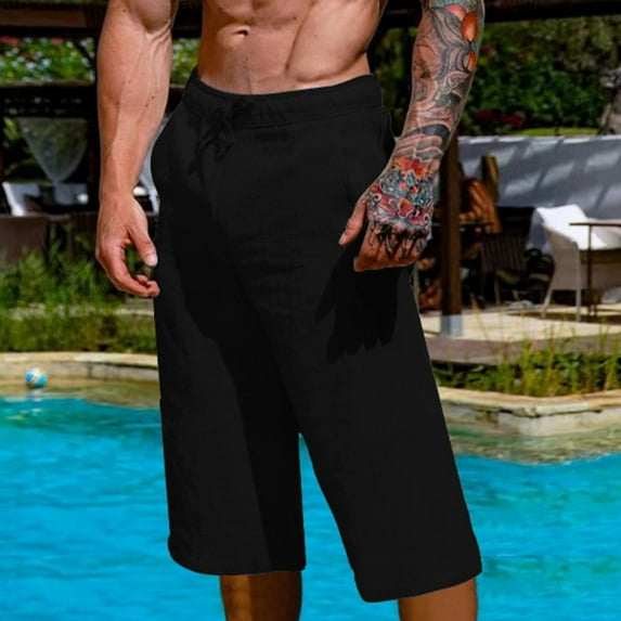 Men's Linen Pants Men Casual Fashion Loose Ventilate Cropped Pants Drawstring Pockets Exercise Shorts Pants Ndbuld Black 2XL