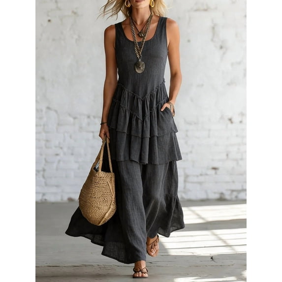 Summer cotton and linen women's loose-fitting sleeveless dress with a large skirt