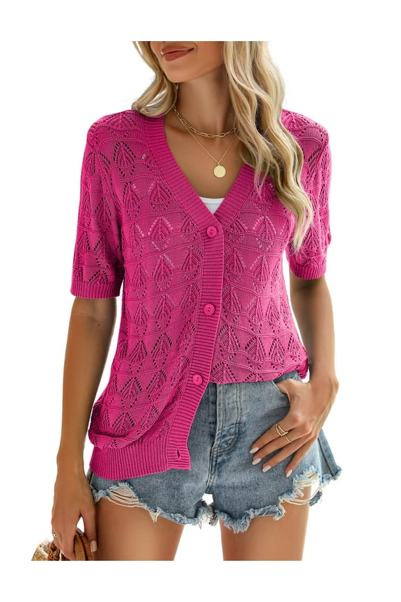 Summer crochet short cardigan V-neck button up short top shoulder shrugged sweater