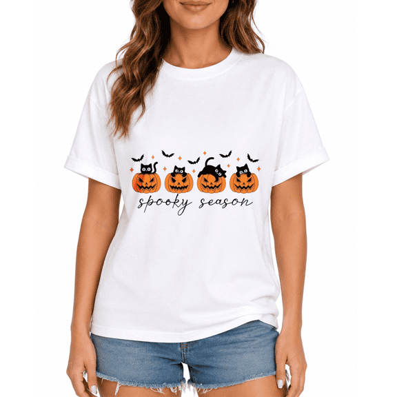 Summer cute Halloween pumpkin black cat letter print women's round-neck T-shirt, suitable for wearing on Halloween