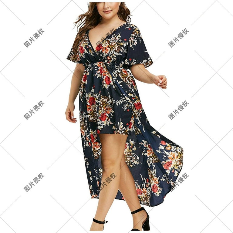 Summer dresses for women,Rompers for women summer dressy,Skims dress,Plus  size women's V-neck short-sleeved printed slit irregular dress navy blue  XXXL 