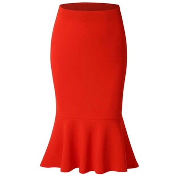 Summer fashion women's high waist fishtail skirt women's office skirt solid color large size knee-length flared skirt-RED-XXL
