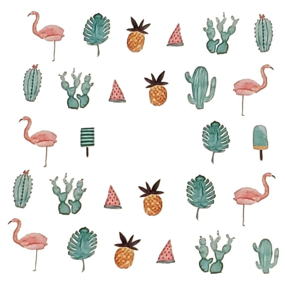 Summer flamingo, cactus and pineapple watercolor nail art water decals fingernail art