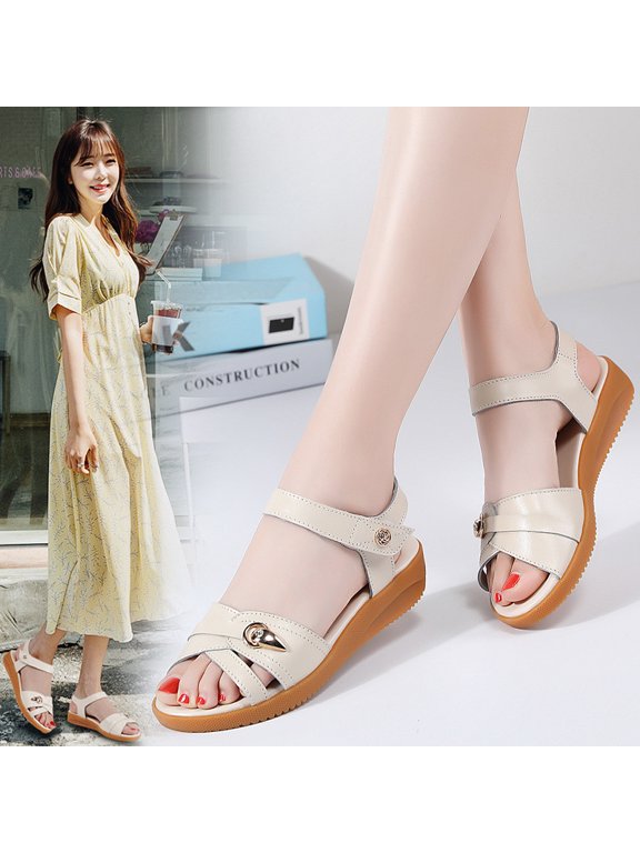 Summer flat bottom women's sandals comfortable soft bottom pasted closed cowhide sandals