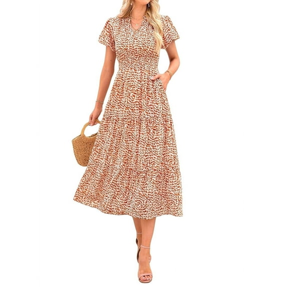 Summer for Women 2025 Casual V Neck Puff Short Sleeve Smocked Flowy Beach Boho Long Floral Maxi Dress Orange XXL
