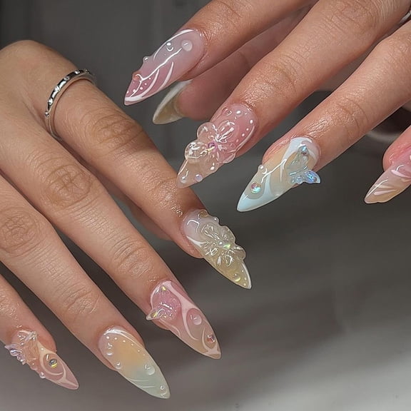Summer fresh wear nail 3D butterfly manicure short almond fake nail smudge bubble bead nail piece nails