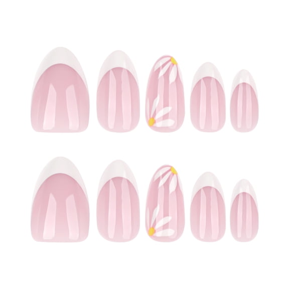 Summer fresh white daisy flower nail art false nails, French white short almond press-on nail tips