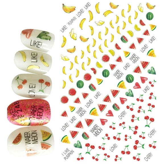 Summer fruit watermelon and banana nail art stickers, yellow, red, green