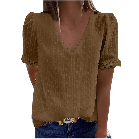 Summer gakvbuo Fancy Tops For Women Summer Tops Dressy Blouses Lace Point Shirt Short Sleeve Lightweight Classic Loose V-Neck Plus Size Pullover Tunic Tops For Evening Wear