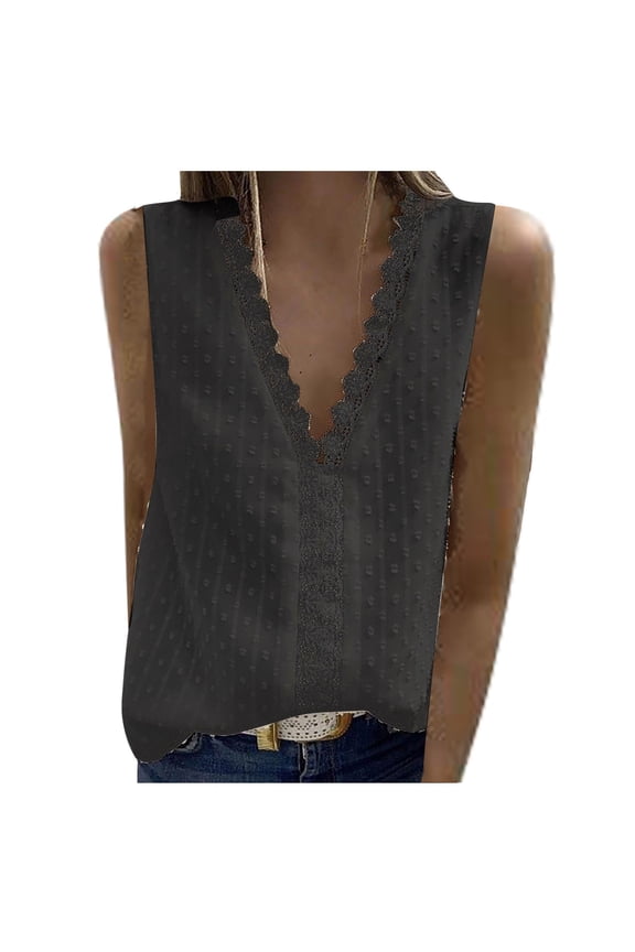 Summer gakvbuo Fancy Tops for Women Summer Tops Dressy Blouses Lace Point Shirt Sleeveless Comfy Lightweight Classic Casual V-Neck Plus Size Pullover Tunic Tops for Evening Wear
