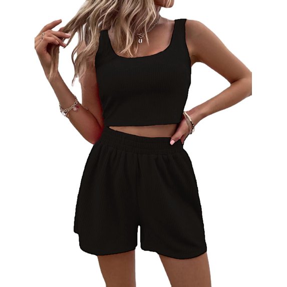 Summer girl style fresh and sweet women's knitted sleeveless fashion casual solid color suit