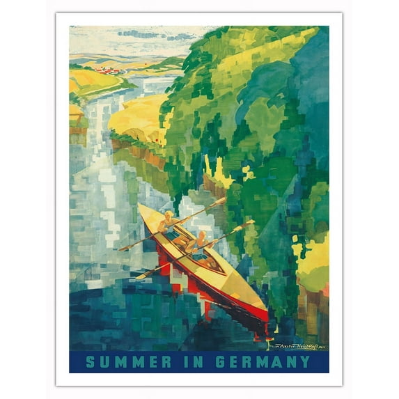 Summer in Germany - Kayaking - Vintage Railroad Travel Poster by Werner von Axster-Heudthass c.1930s - Fine Art Matte Paper Print (Unframed) 20x26in