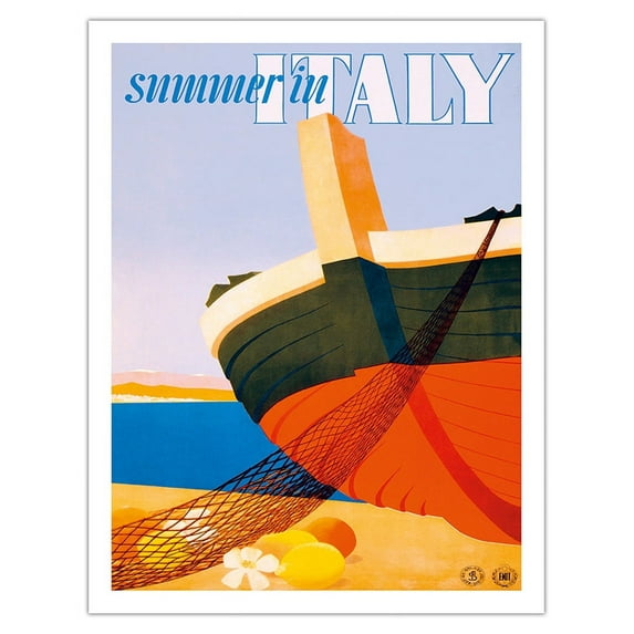 Summer in Italy - Bow of a Italian Fishing Boat - Vintage Travel Poster by Alfredo Lalia c.1951 - Fine Art Matte Paper Print (Unframed) 20x26in
