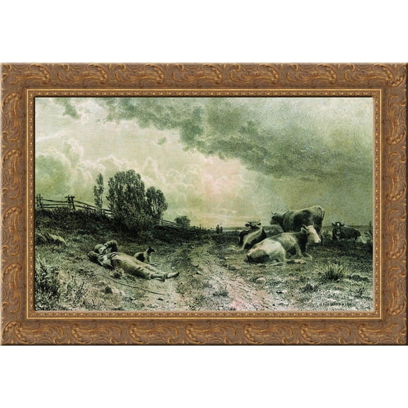 Summer in the field (Landscape with a Herd) 24x18 Gold Ornate Wood Framed Canvas Art by Ivan Shishkin