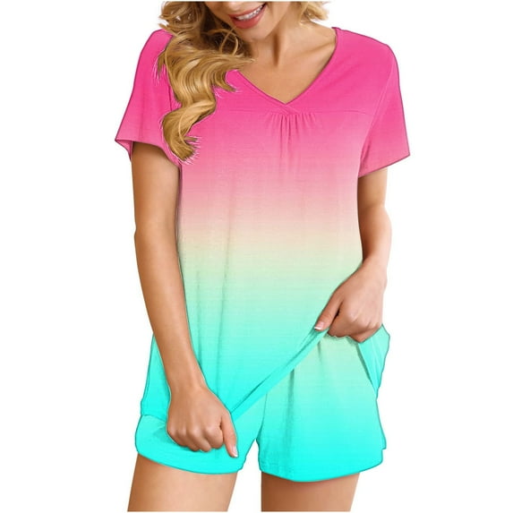 Summer lounge Outfits for Women 2 Piece Gradient Color Casual Short Sleeve V Neck Sleep Top and Shorts Sets Nightwear (S, Sky Blue)