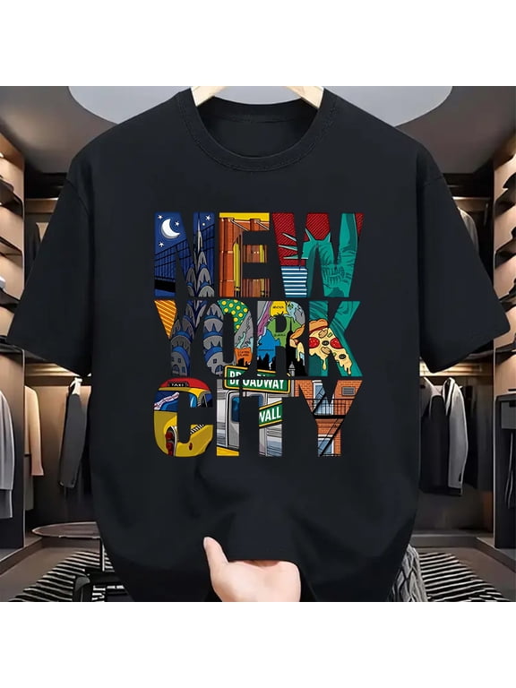 Summer men's 100% pure cotton casual loose fit plus size New York City printed comfortable round neck short sleeved T-shirt top