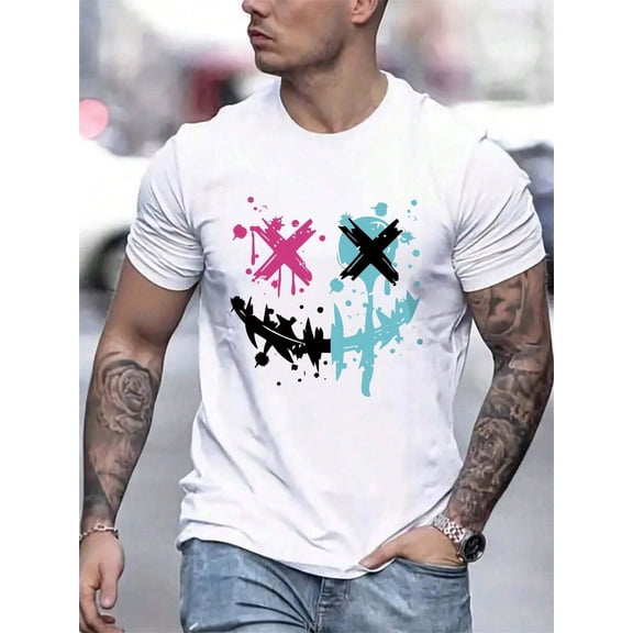 Summer men's 100% pure cotton casual loose size smiley face pattern printed sports comfortable round neck short sleeved T-shirt