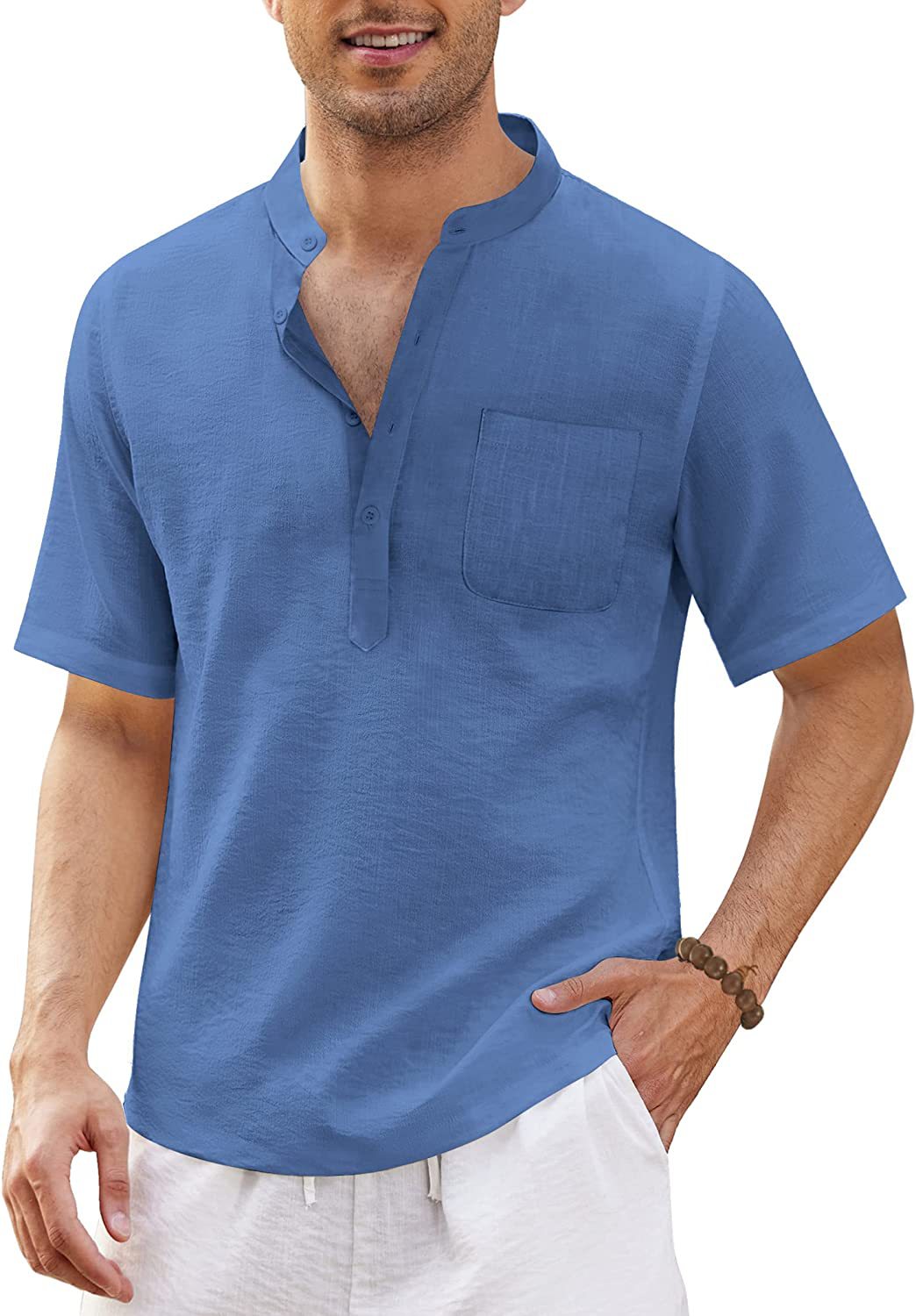 Summer men's color cotton and linen hippie pocket short-sleeved beach ...
