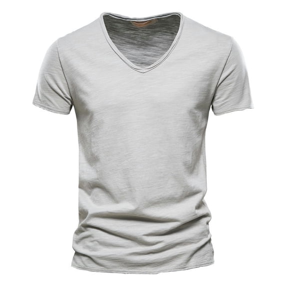 Summer men's new solid color V-neck short-sleeved T-shirt cotton men's-F037-light gray-M