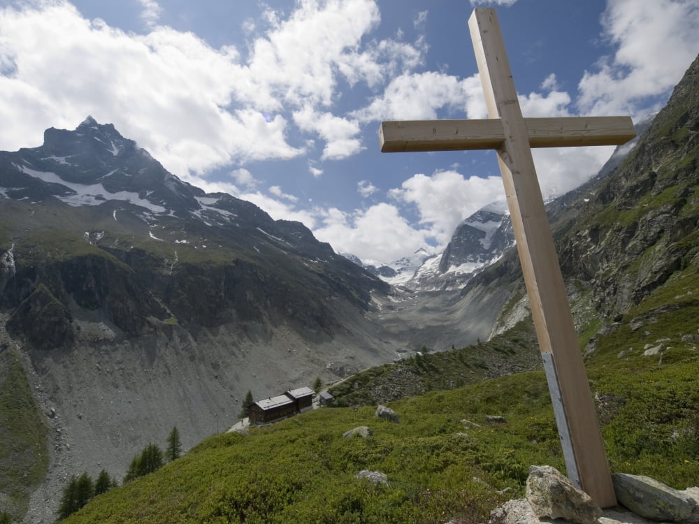 Summer in the mountains The cross above the Cabin de Petit Mountet refuge Looking south to the Glacier de Zinal Zinal Valais Swiss Alps Switzerland Canvas Art - Penny Kendall Design Pics (17 x 13)