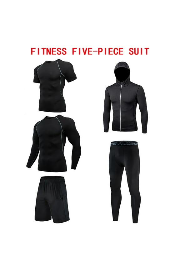 APEXFWDT 5Pcs Men's Compression Pants Shirt Top Long Sleeve Jacket Athletic Sets Quick Dry Gym Clothing Men Workout Shorts Running Sets