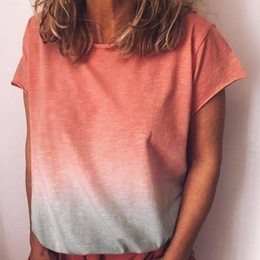Summer Savings Clearance SHOPESSA Blouses for Women Casual Gradient Color Short Sleeved T-Shirt Party Loosefit Tunic Tops Vacation