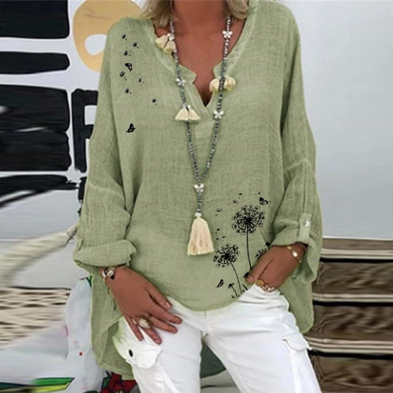 SHOPESSA Tops for Women Plus Size Hedging V-neck Polka Print Cotton Blouses Linen Long Sleeve T-shirt