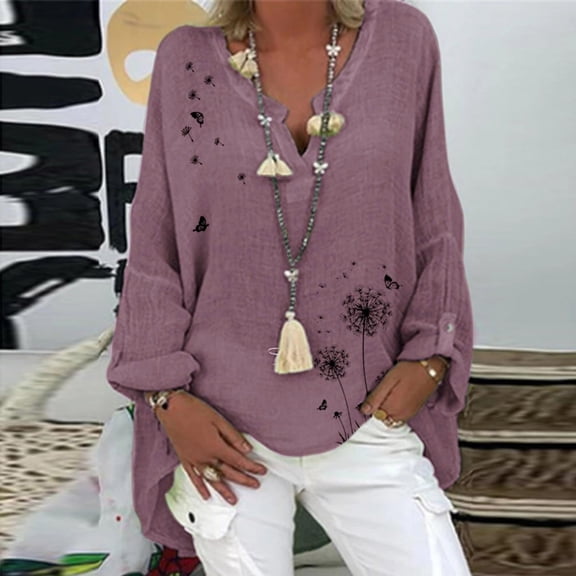 SHOPESSA Tops for Women Plus Size Hedging V-neck Polka Print Cotton Blouses Linen Long Sleeve T-shirt