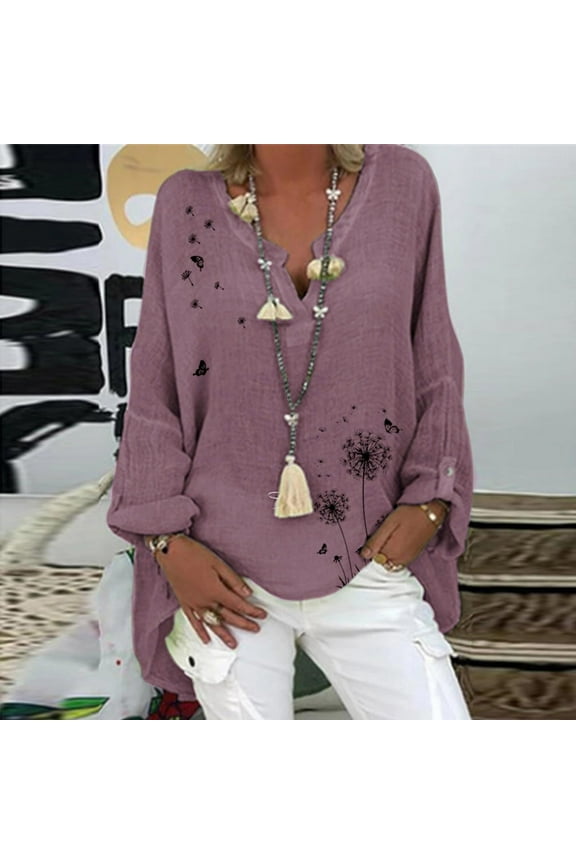 Tops for Women Plus Size Hedging V-neck Polka Print Cotton Blouses Linen Long Sleeve T-shirt