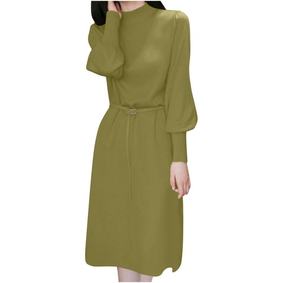 Summer Savings Clearance Women Solid Color Semi High Neck New Mid To Long Slim Sleeve With Knitted Long Sleeved Dress Inside The Head,Fashionable Casual Dresses for Women 2025