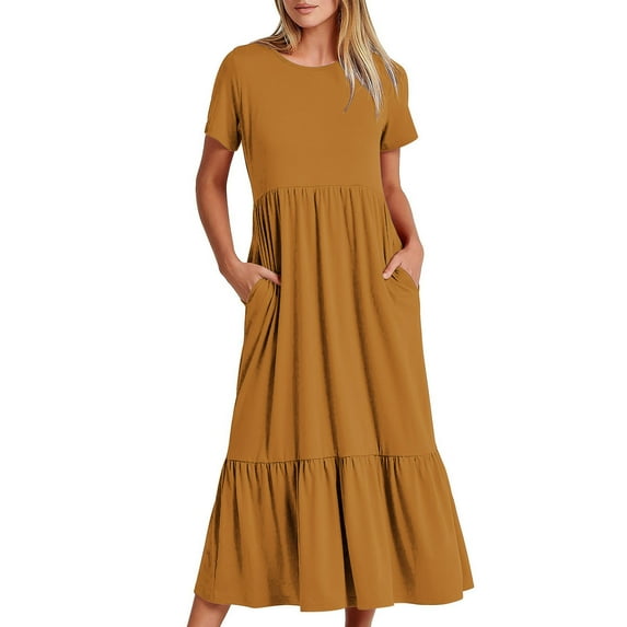 Summer Savings Clearance Women's Summer Casual Short Sleeve Crewneck Dress Casual Flowy Tiered Maxi Beach Dress With Pockets,Women's Long Dresses Flowy Maxi for Beach