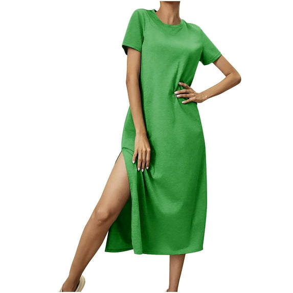 Summer Savings Clearance Women's Summer FashionLoose Short Sleeve Round Neck Solid Color Dress,Chic Day Dresses for Ladies Summer Wear