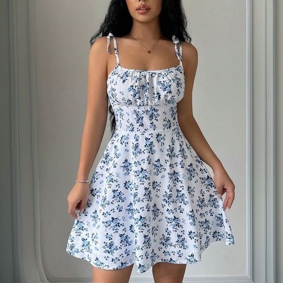 Summer new European and American women's floral print strap short dress with square neckline and gentle style