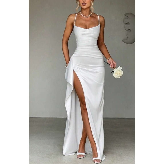 Summer new elegant and stylish solid color long dress with shoulder straps and slit for women