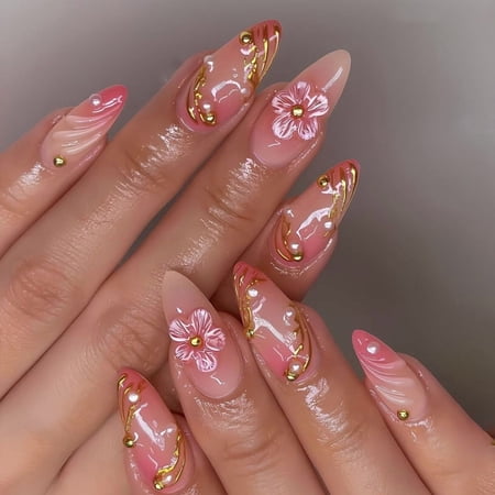 Summer new product 3D fresh flower wearing nail almond nail art nail piece smudging removable nail piece wholesale