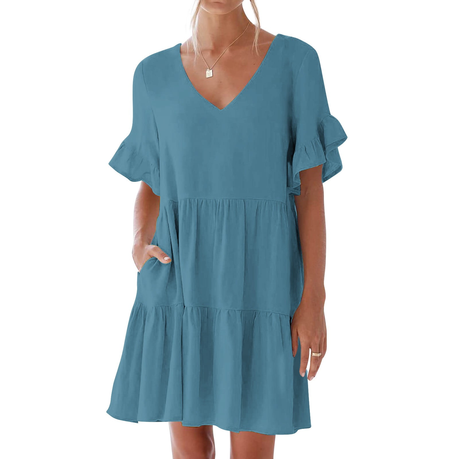 Nclook Women's Summer Mini Dress - V-Neck, Ruffle Sleeves, With Pockets, Green - View #5