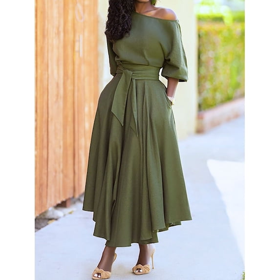 Summer off-shoulder tie-waist elegant solid color dress