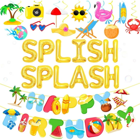 Summer pool party decorations - A cool combination of 3-piece set including metallic gold letter balloons, multicolored spiral hangings, and a birthday banner