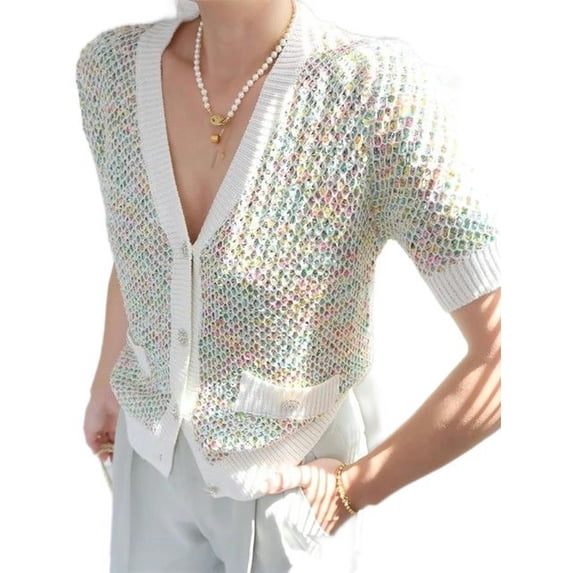 Summer rhinestone button short-sleeved cardigan women's green knitted sweater-Green-L