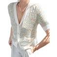 thumbnail image 1 of Summer rhinestone button short-sleeved cardigan women's green knitted sweater-Green-S, 1 of 7
