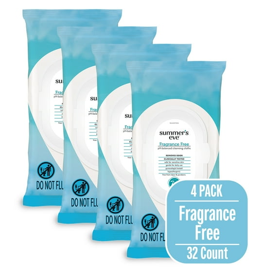 Summers Eve Fragrance Free Daily Feminine Wipes, Removes Odor, pH Balanced, 32 ct, 4 Pack
