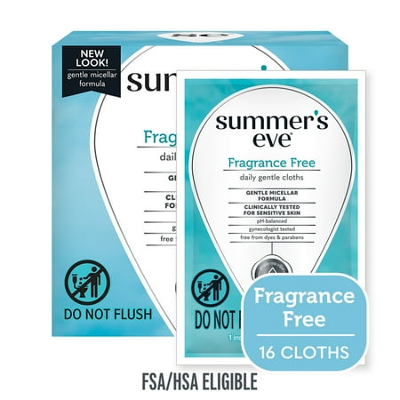 Summer’s Eve Fragrance Free Gentle Daily Feminine Wipes, Removes Odor, pH Balanced, 16 Ct