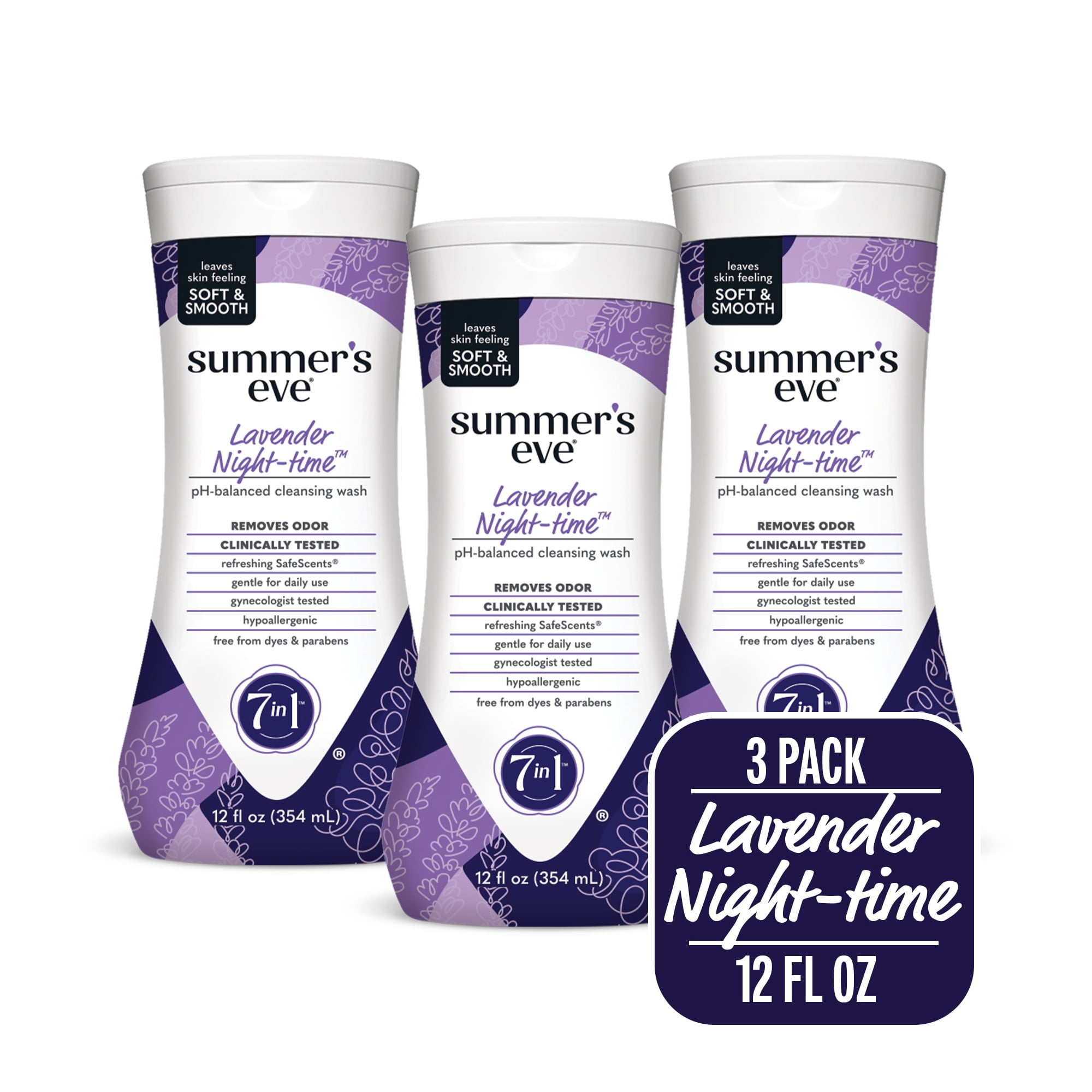Summer's Eve Lavender Night-time Feminine Wash, Removes Odor, pH Balanced, 12 fl oz, 3 pk