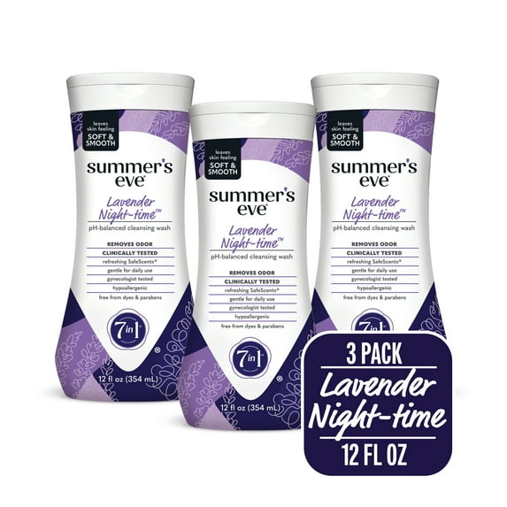 Summer's Eve Lavender Night-time Feminine Wash, Removes Odor, pH Balanced, 12 fl oz, 3 pk