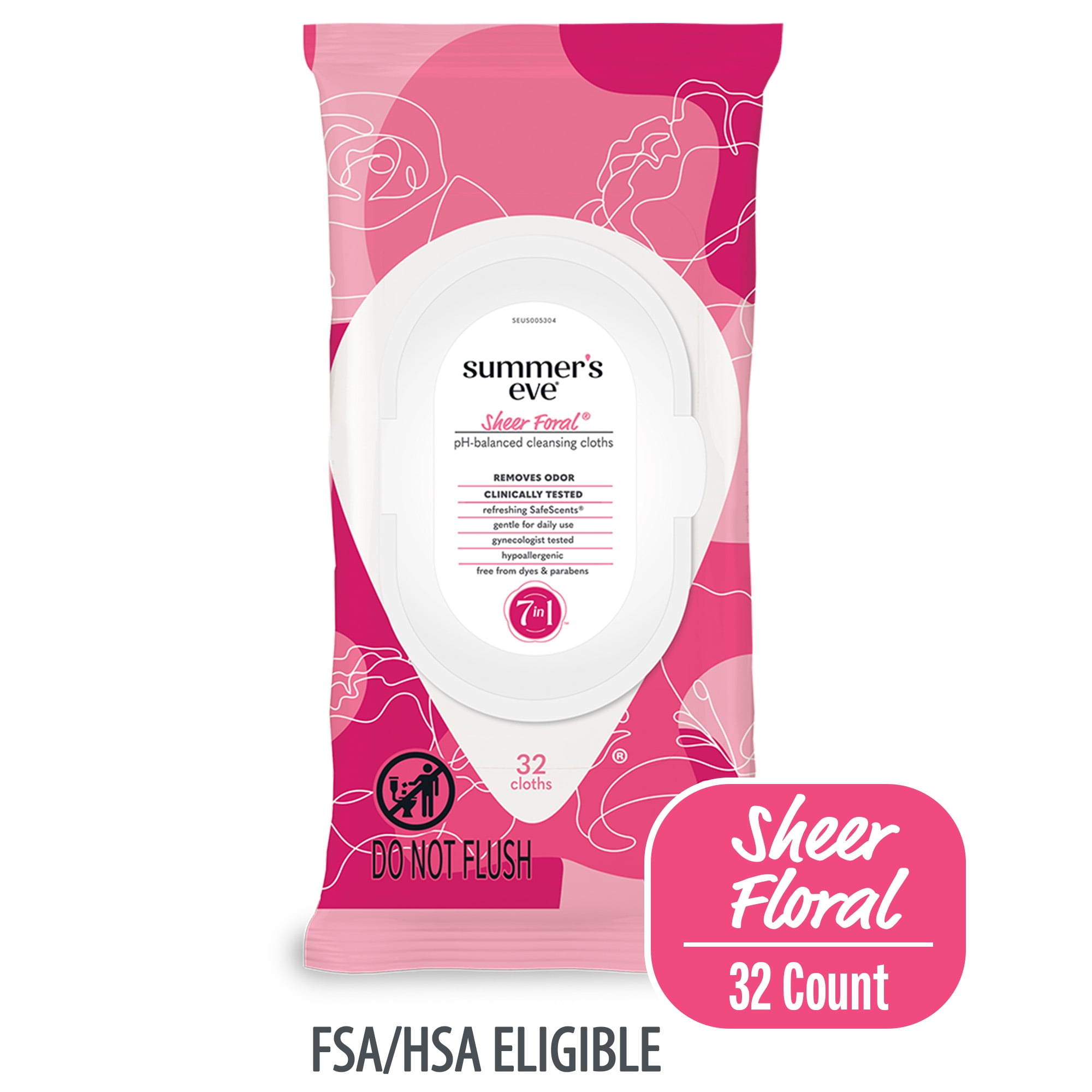 Summer's Eve Sheer Floral Daily Feminine Wipes, Removes Odor, pH Balanced, 32 count