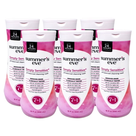 Summerâ€™s Eve Simply Sensitive Daily Feminine Wash, Removes Odor, pH Balanced, 15 fl oz - 6 Pack